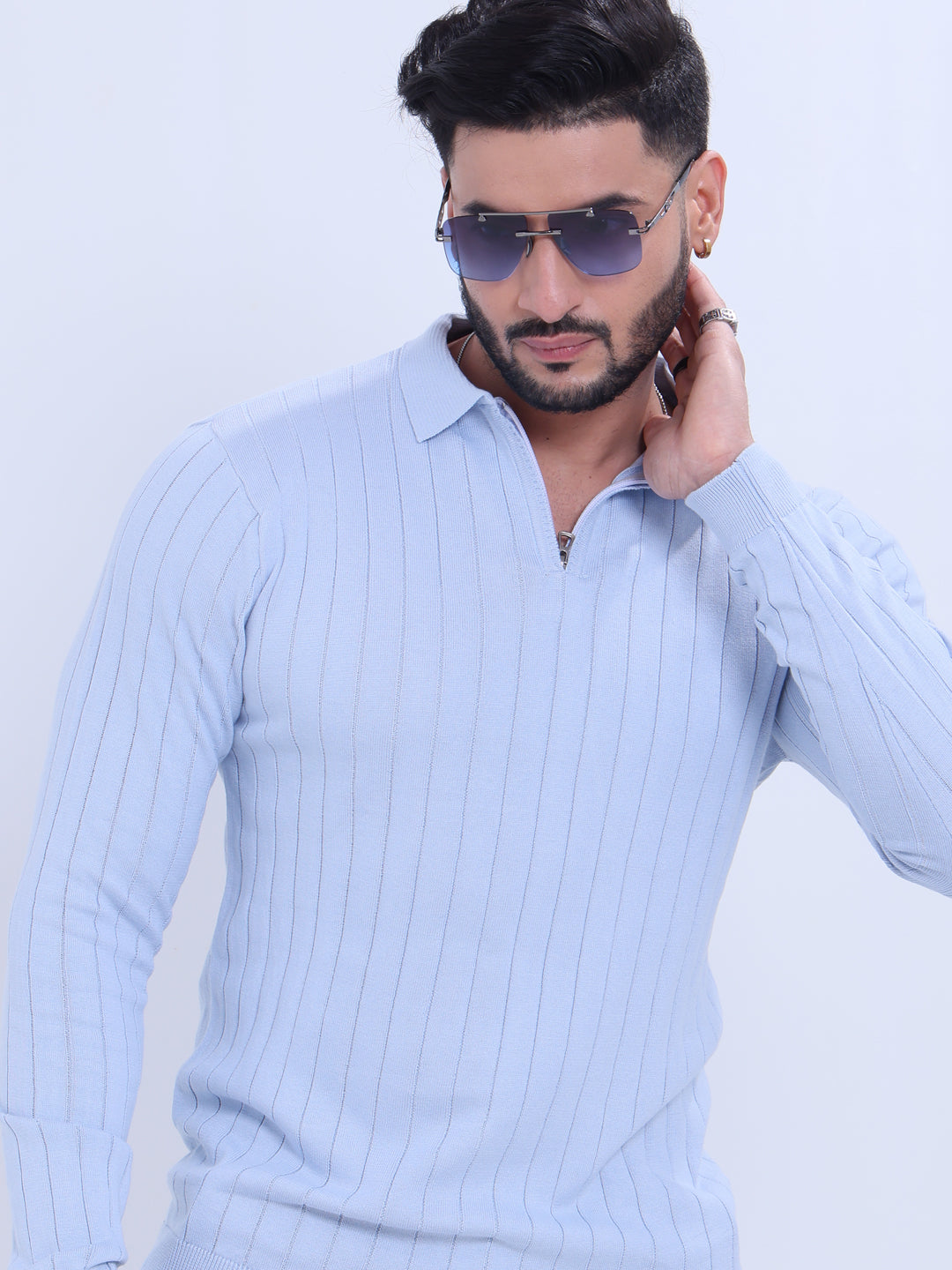 Men's Ribbed Knit Long Sleeve Nativebull Neck Sweatshirt  - Blue