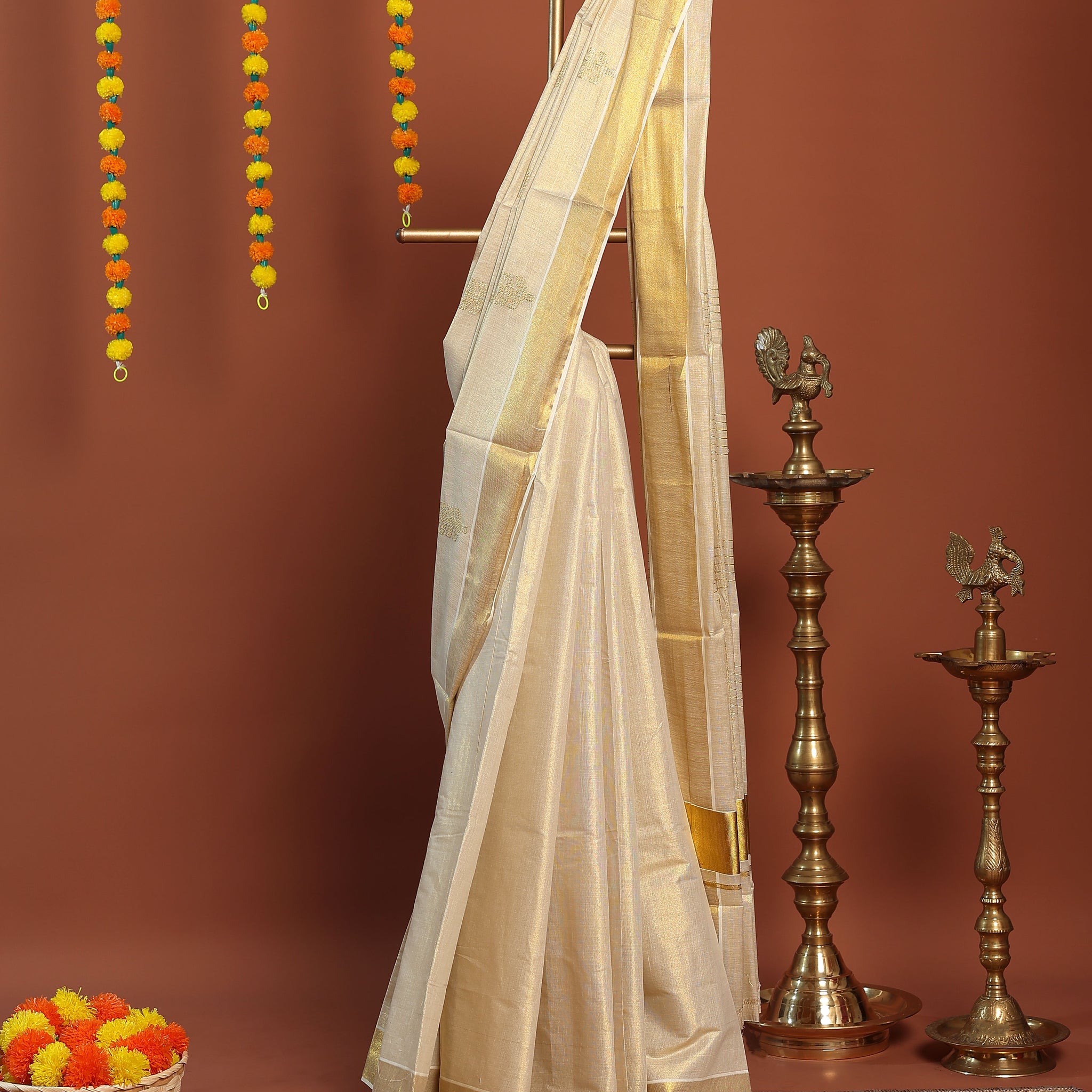 Traditional Kerala Kasavu Saree with Zari Border - Cream