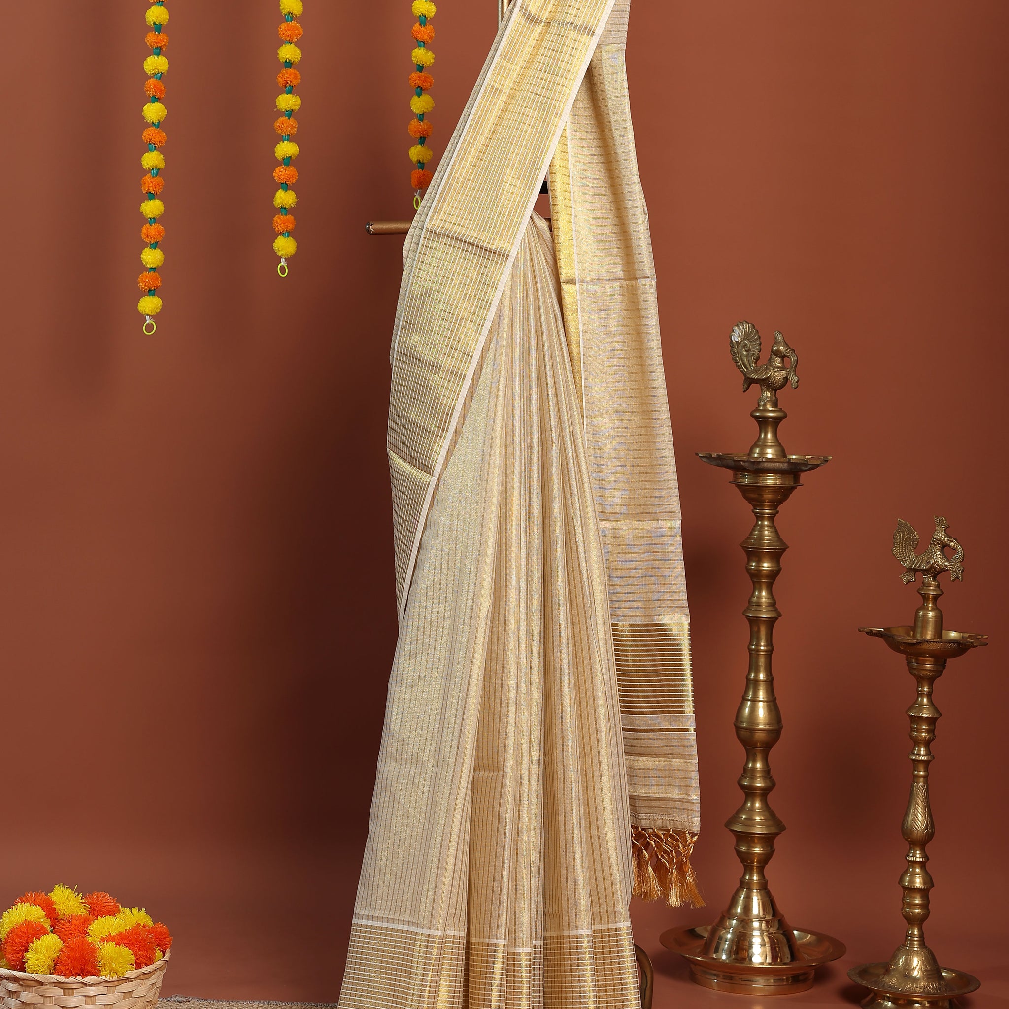 Traditional Kerala Kasavu Cotton Saree with Golden Zari Weaving - Cream