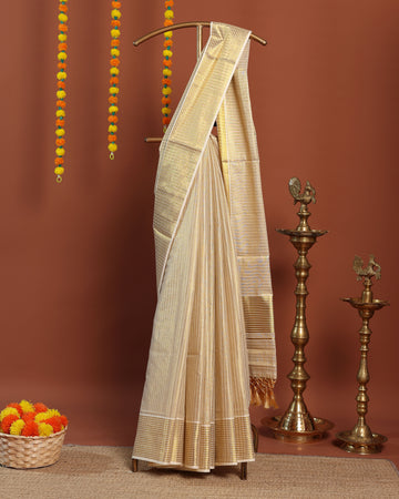 Traditional Kerala Kasavu Cotton Saree with Golden Zari Weaving - Cream