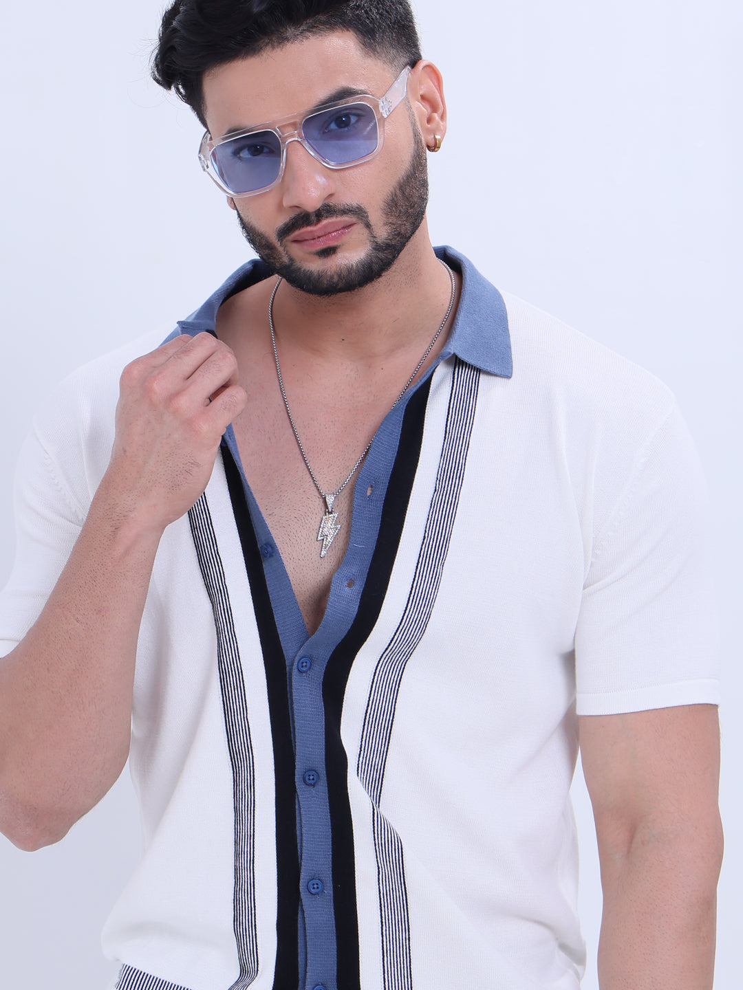 Men's Striped Knitted Nativebull T-shirt with Contrast Collar and Button - White