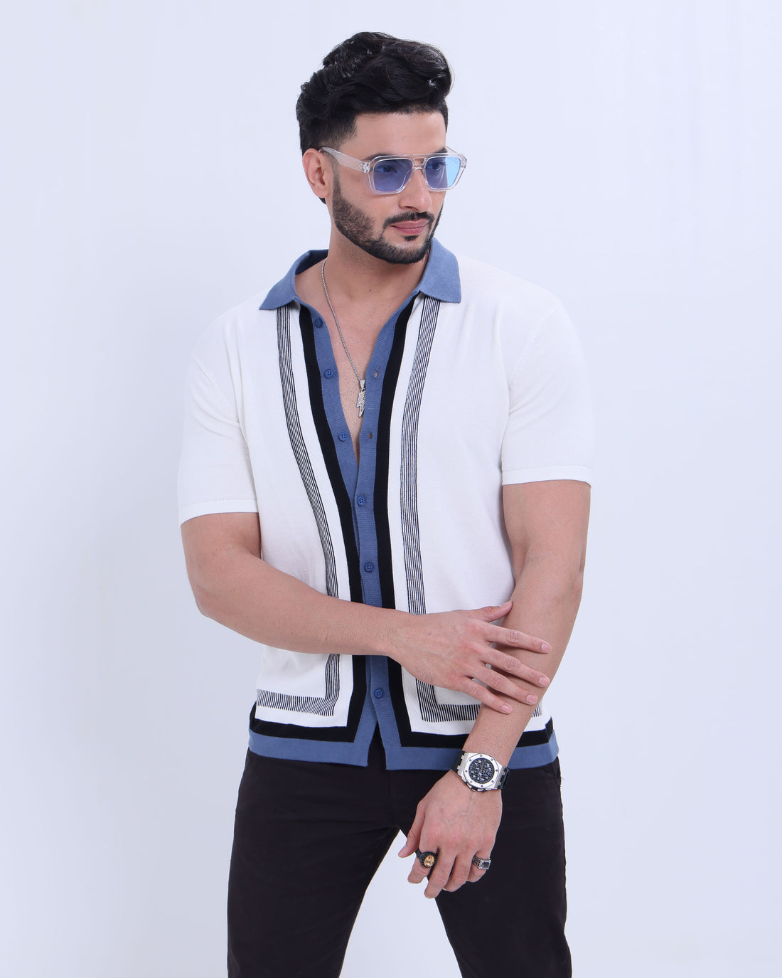 Men's Striped Knitted Nativebull T-shirt with Contrast Collar and Button - White