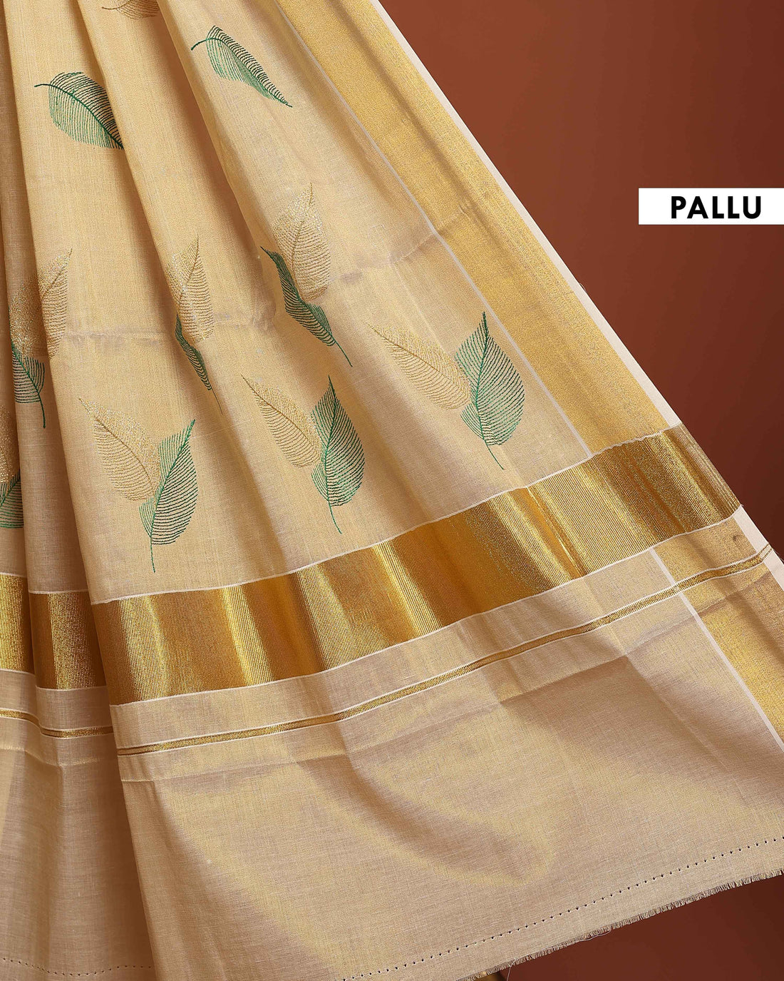 Traditional Kerala Kasavu Cotton Saree with Zari Border and Embroidered Motifs  -  Cream