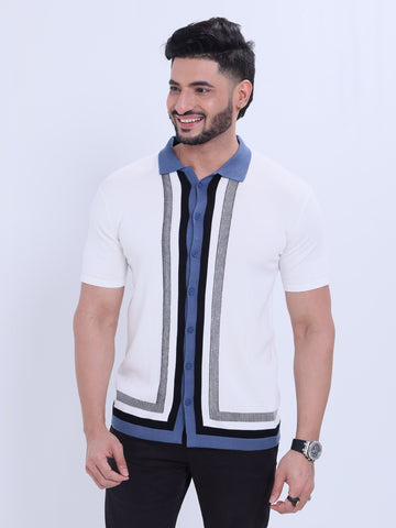 Men's Striped Knitted Nativebull T-shirt with Contrast Collar and Button - White