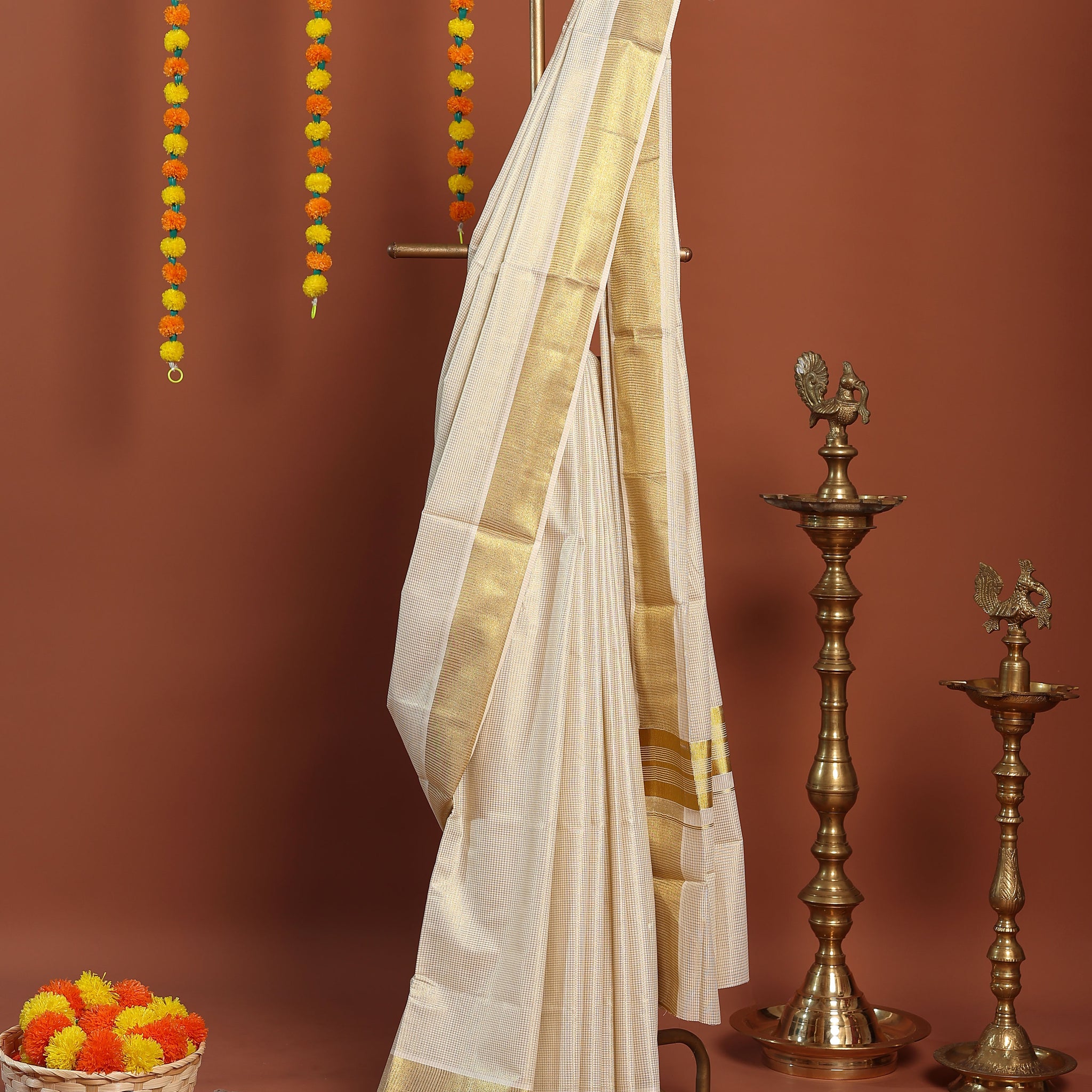Kerala Kasavu Cotton Zari Saree with Intricate All-Over Work and Golden Border - Cream