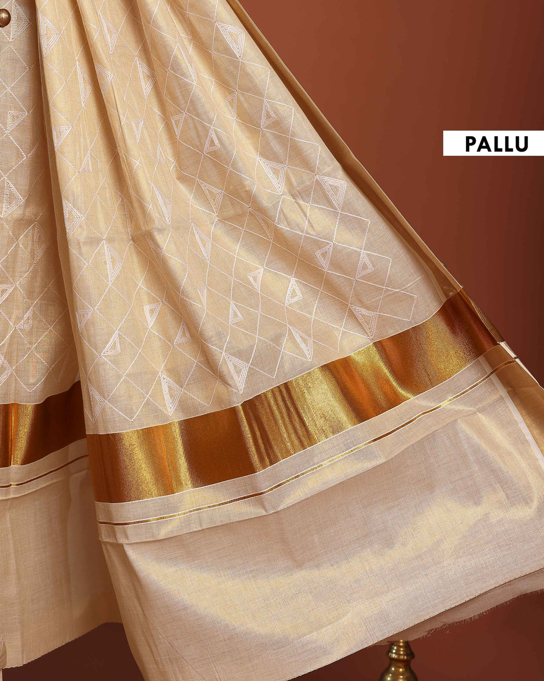 Traditional Kerala Kasavu Cotton Saree with Golden Zari Border and Floral Butta Design  - Cream