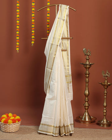 Traditional Kerala Kasavu Saree with Golden Zari Border and Temple Design -  Cream
