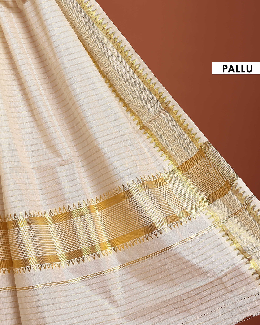 Traditional Kerala Kasavu Saree with Golden Zari Border and Temple Design -  Cream