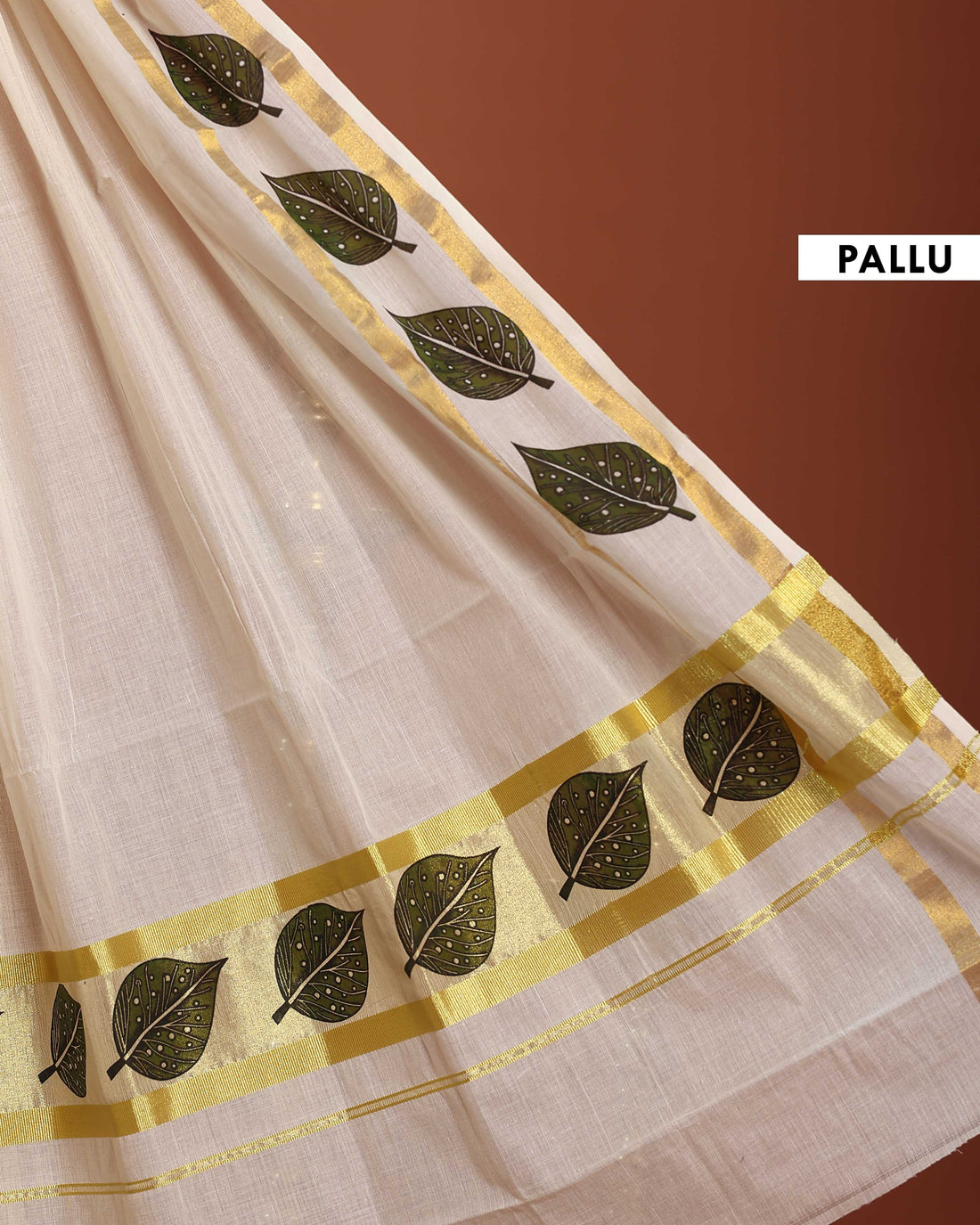 Kerala Handloom Kasavu Cotton Saree with Traditional Leaf Motif Print - Cream