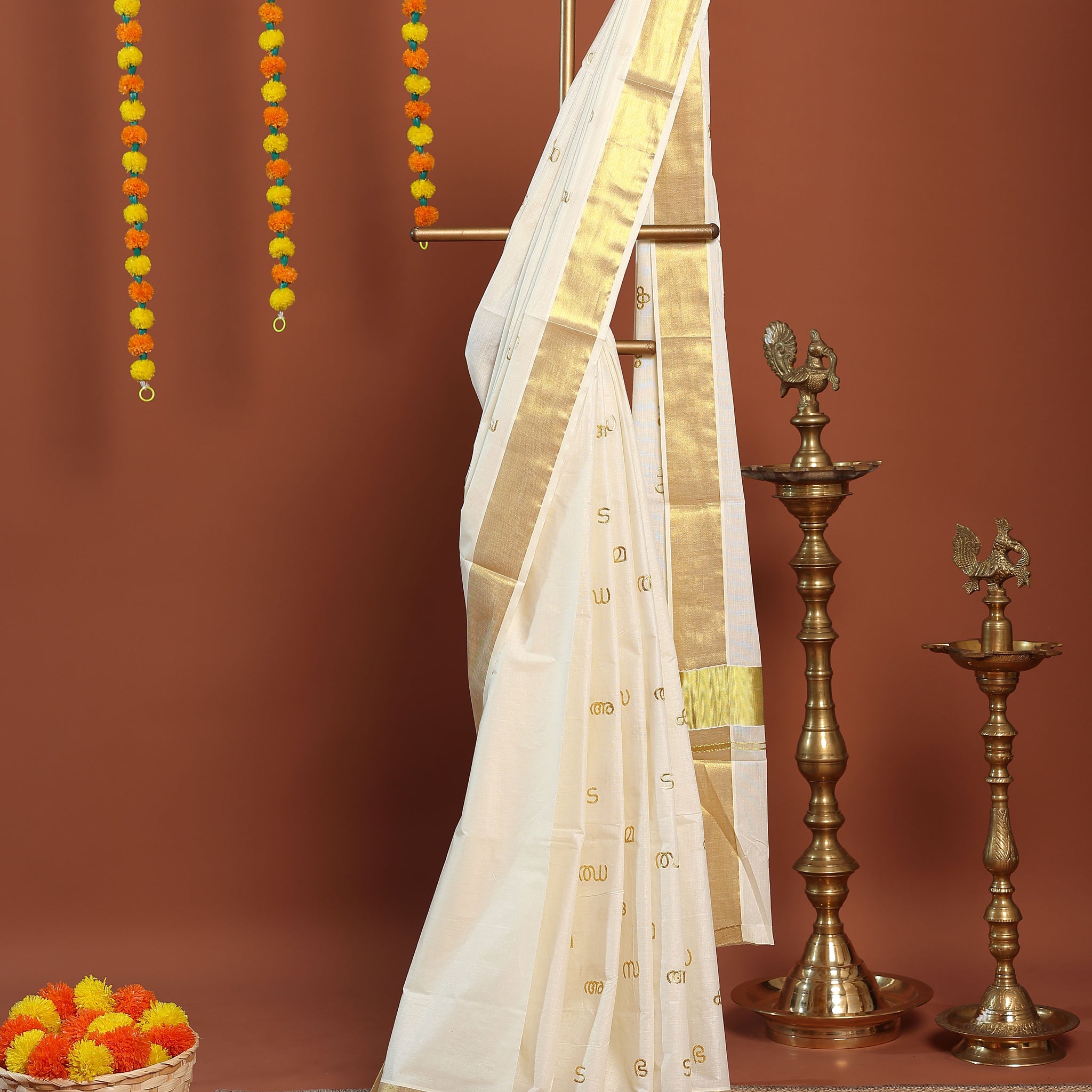 Kerala Kasavu Cotton Saree with Golden Zari Border and Traditional Temple Design  - Cream