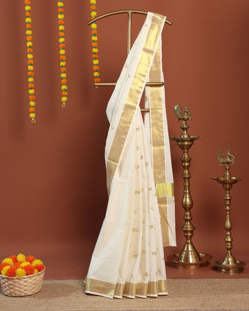 Kerala Kasavu Cotton Saree with Golden Zari Border and Traditional Temple Design  - Cream