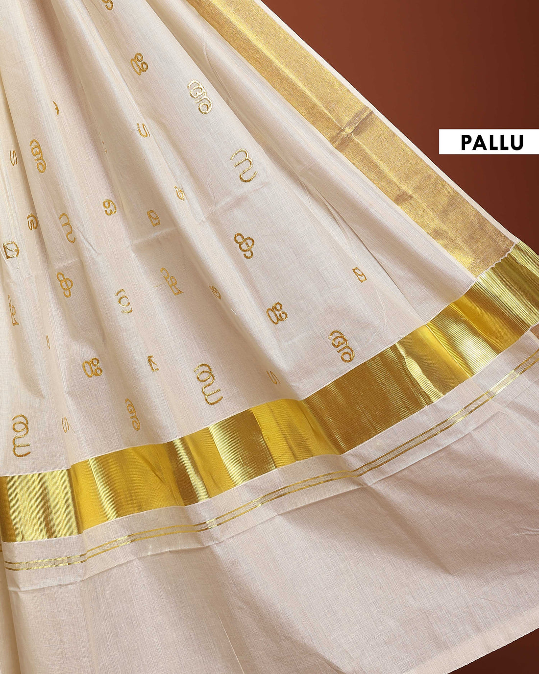 Kerala Kasavu Cotton Saree with Golden Zari Border and Traditional Temple Design  - Cream