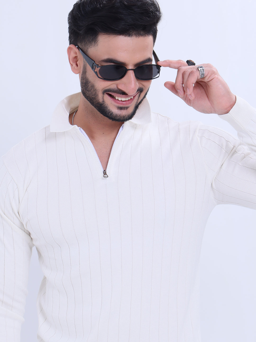 Men's Nativebull  High Neck Ribbed Sweater with Half-Zip Closure  Sweatshirt  - White