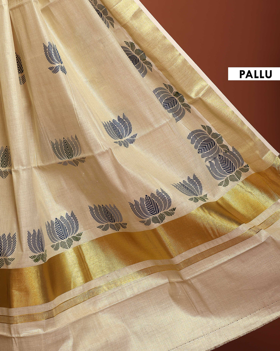 Kerala Kasavu Cotton Saree with Zari Border & Traditional Lotus Motif Pallu - Cream