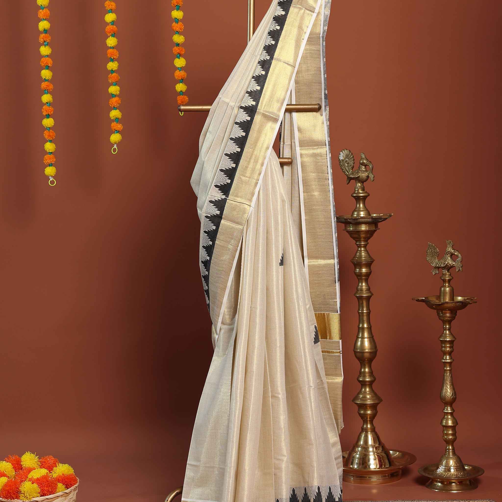 Traditional Kasavu Kerala Saree with Woven Zari Border and Contrast Temple Motif Design - Cream