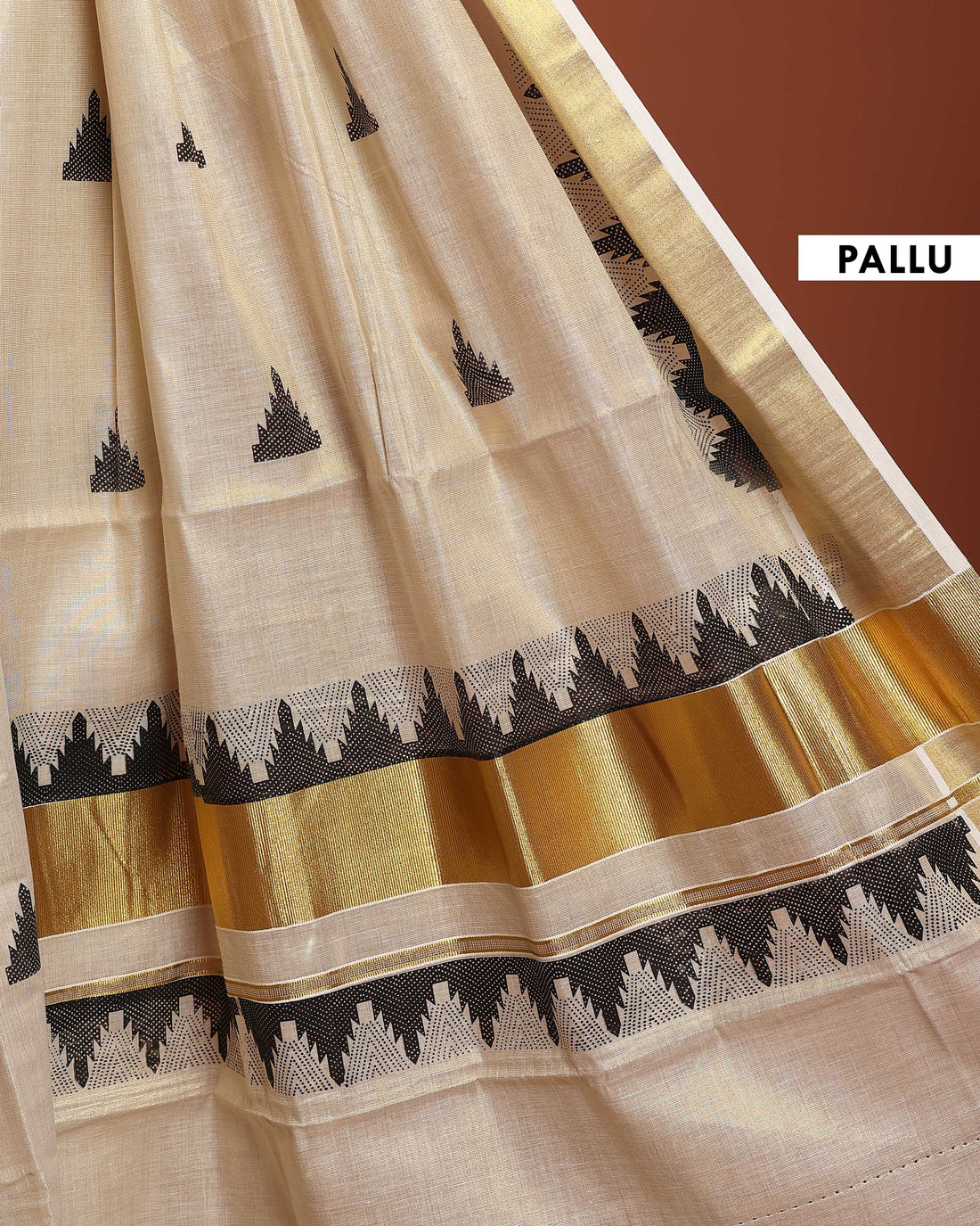 Traditional Kasavu Kerala Saree with Woven Zari Border and Contrast Temple Motif Design - Cream