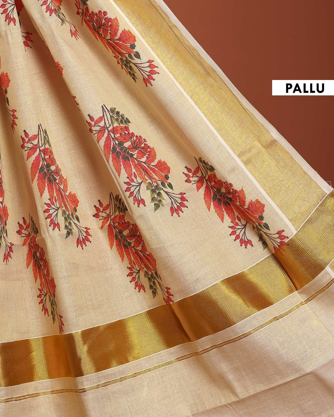 Traditional Kerala Handloom Saree with Zari Border and Floral Motif Print - Cream