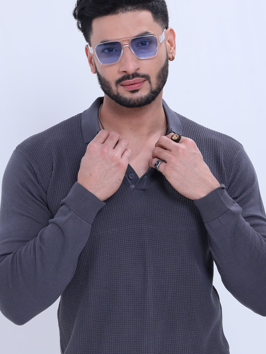 Men's Full Sleeve Knitted Nativebull Sweatshirt  with Textured Design - Grey