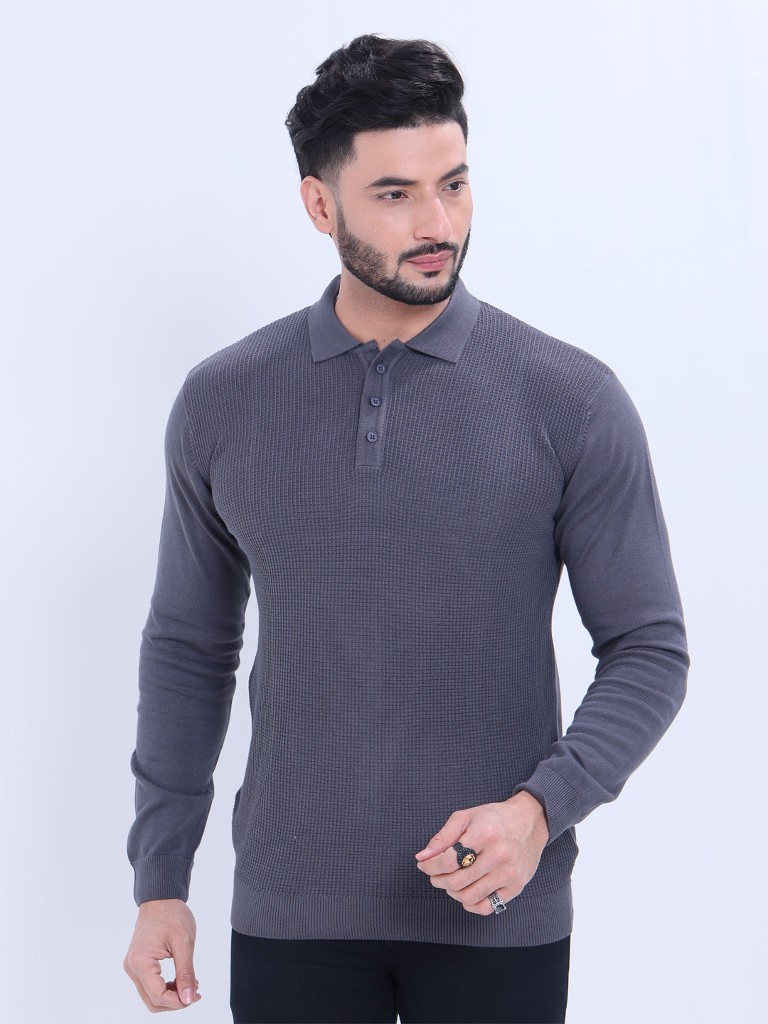 Men's Full Sleeve Knitted Nativebull Sweatshirt  with Textured Design - Grey
