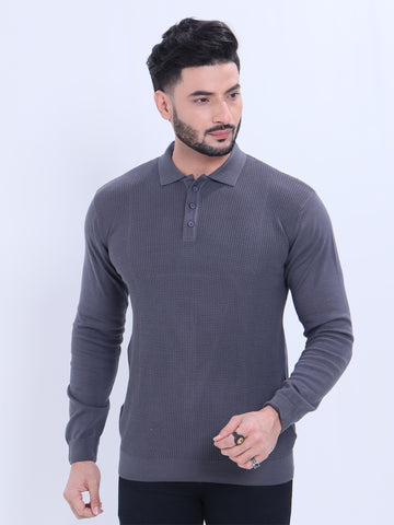 Men's Full Sleeve Knitted Nativebull Sweatshirt  with Textured Design - Grey