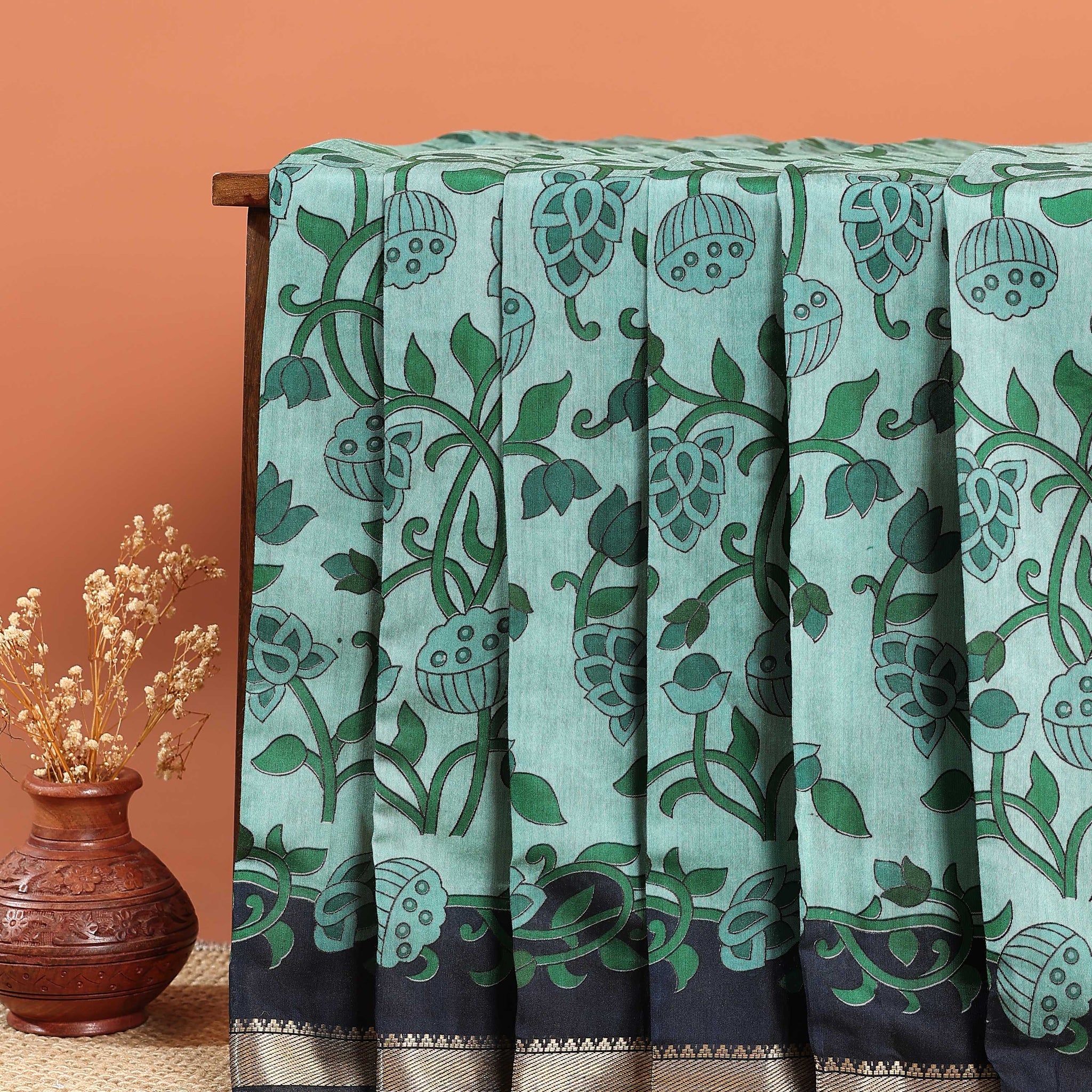 Semi Chanderi Kalamkari Printed Saree With Border- Turquoise