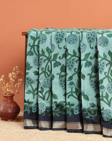 Semi Chanderi Kalamkari Printed Saree With Border- Turquoise
