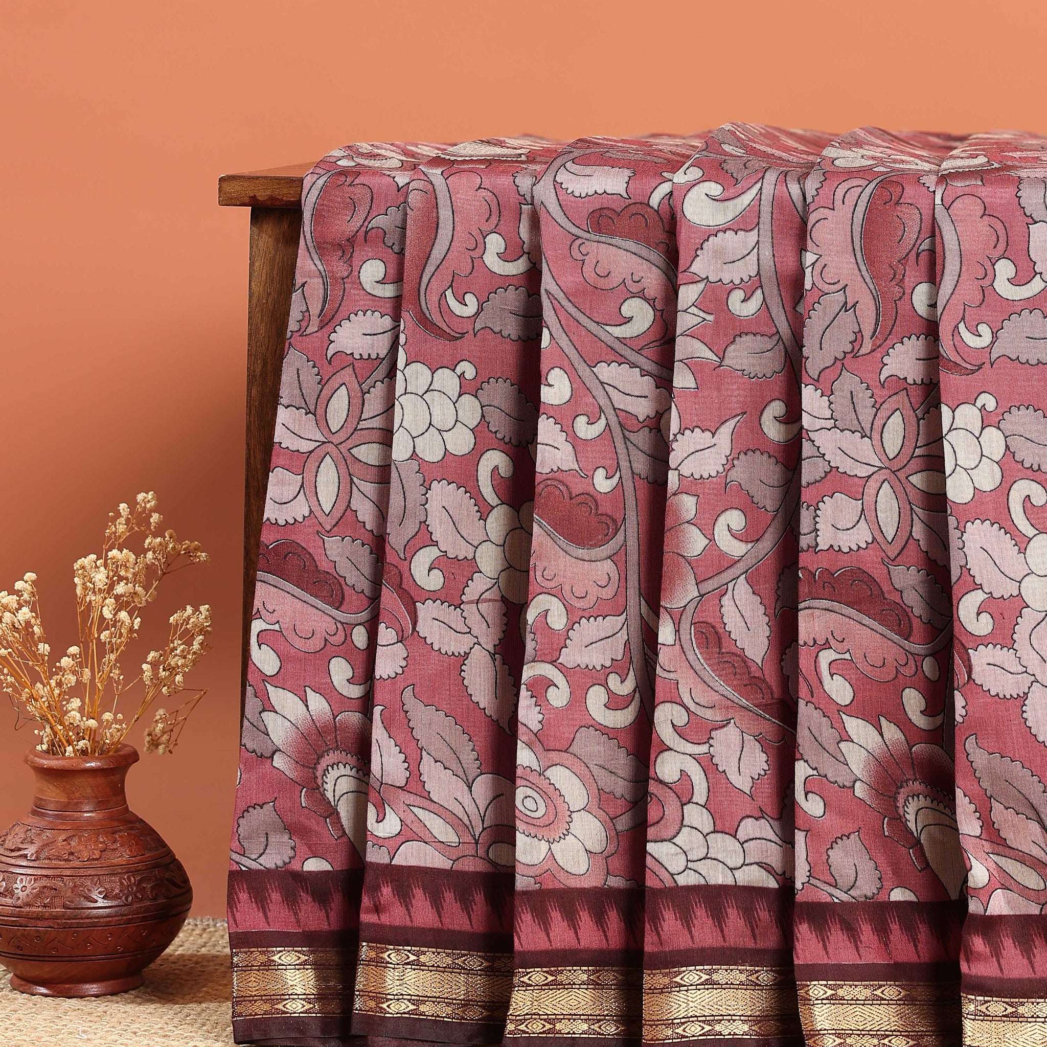 Semi Chanderi Kalamkari Printed Saree With Border - Light Red
