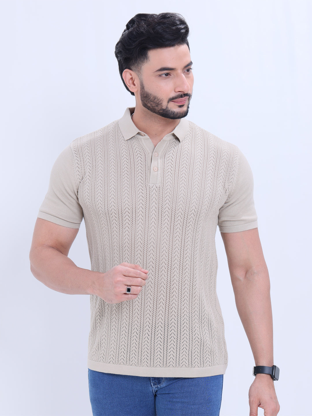 Men’s Half Sleeve Nativebull T-Shirt with Intricate Textured Knit - Light Brown