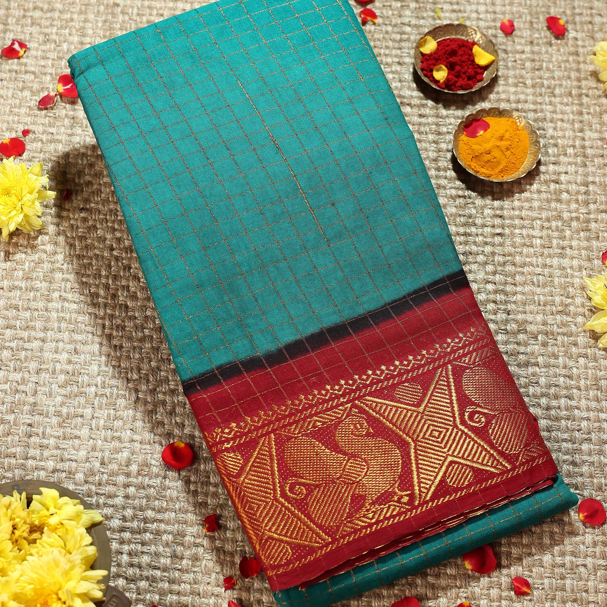 Classic Sungudi Cotton Saree with Zari Border and Checked Design - Teal Blue