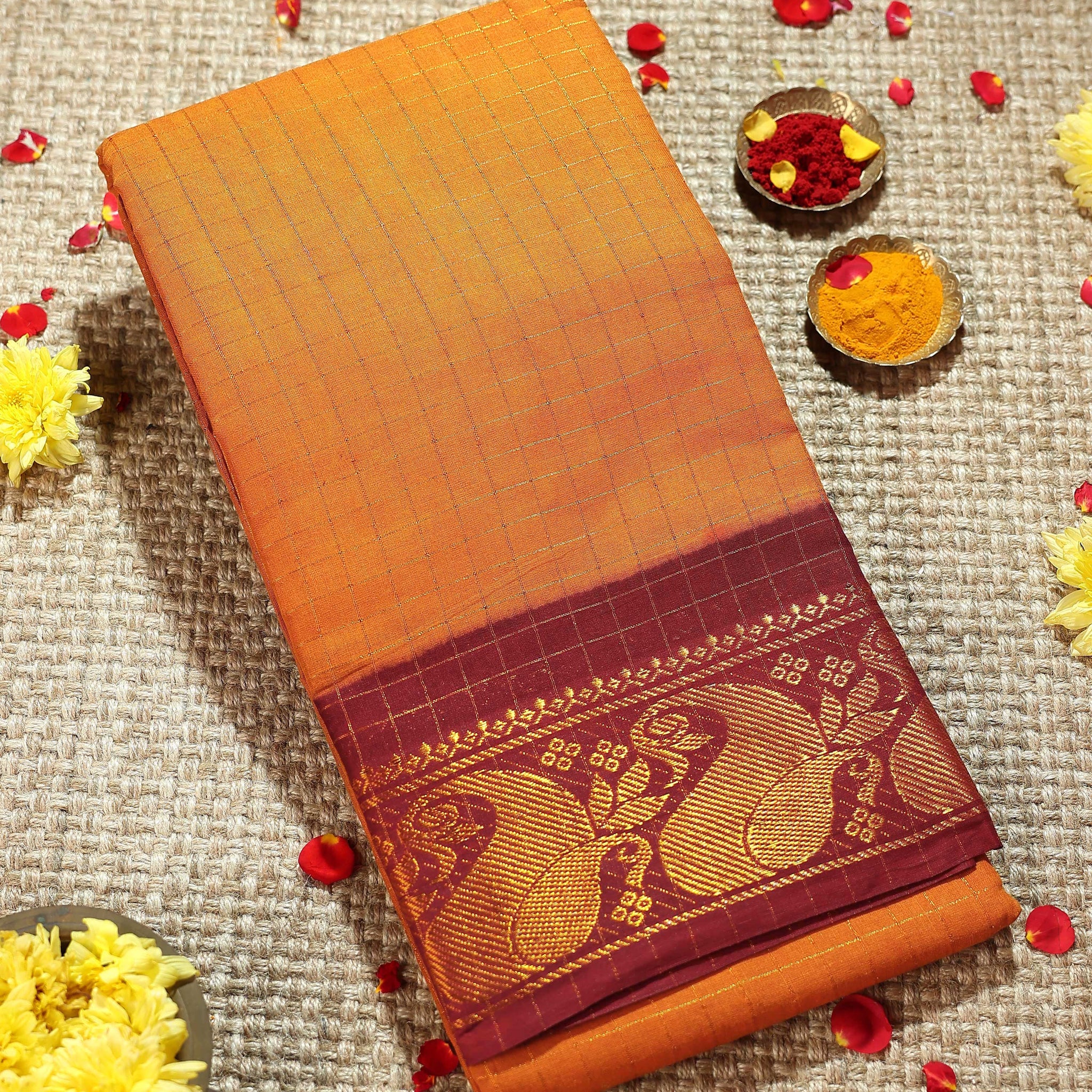 Classic Sungudi Cotton Saree with Zari Border and Checked Design - Mustard