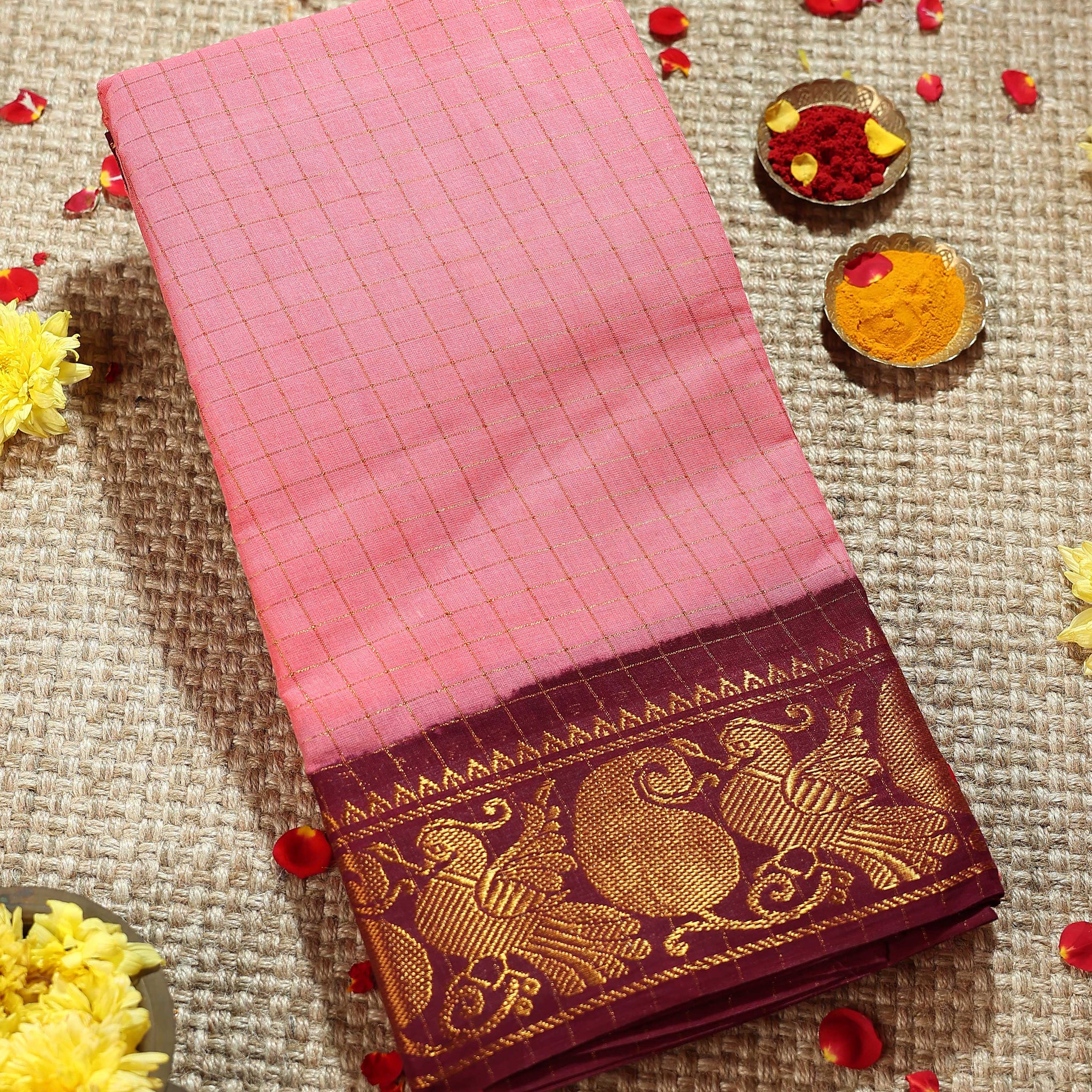 Classic Sungudi Cotton Saree with Zari Border and Checked Design - Pink