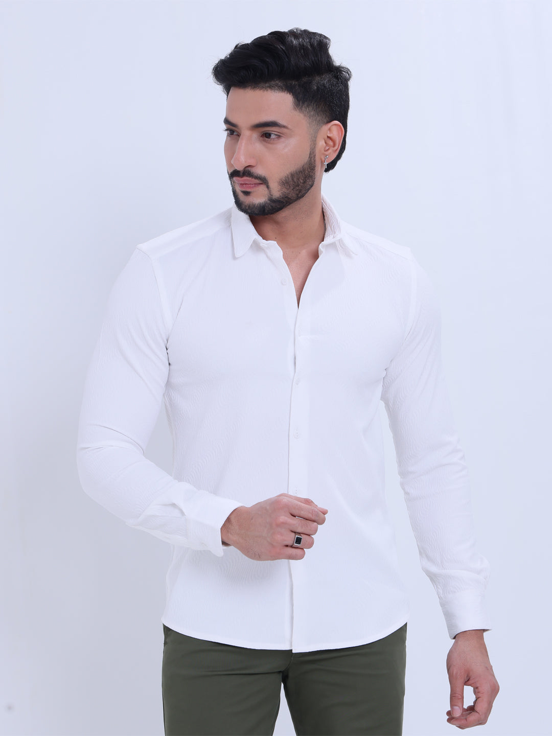 Nativebull Men's Slim Fit Solid Spread Collar Casual Shirt with Long Sleeves - White