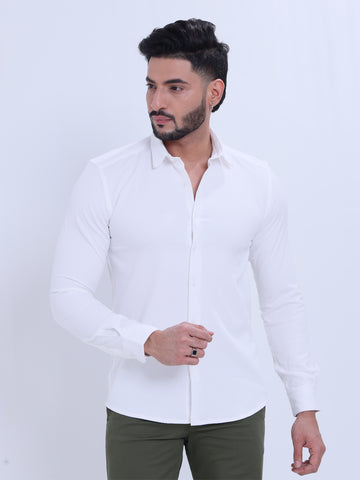 Nativebull Men's Slim Fit Solid Spread Collar Casual Shirt with Long Sleeves - White