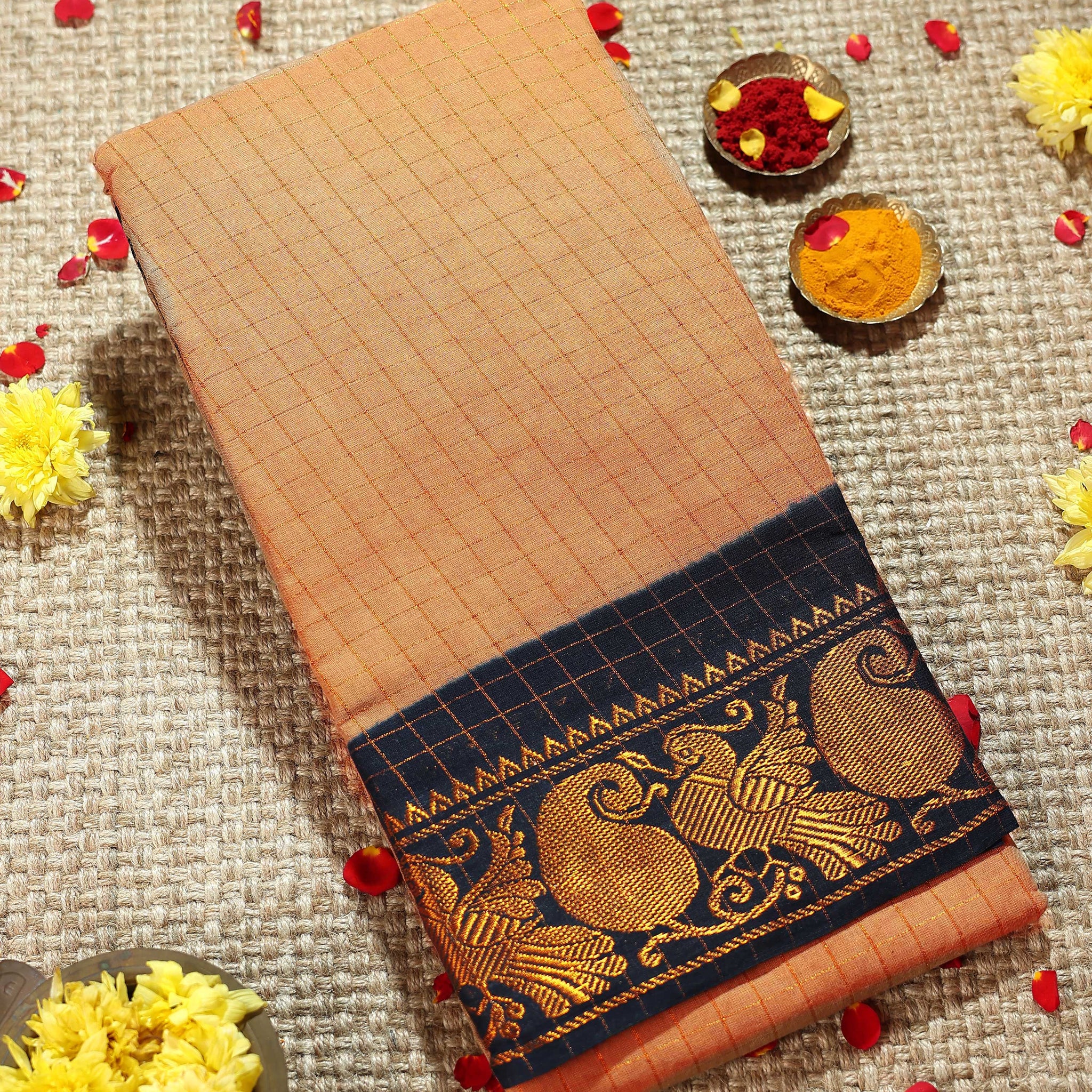 Classic Sungudi Cotton Saree with Zari Border and Checked Design - Sandal