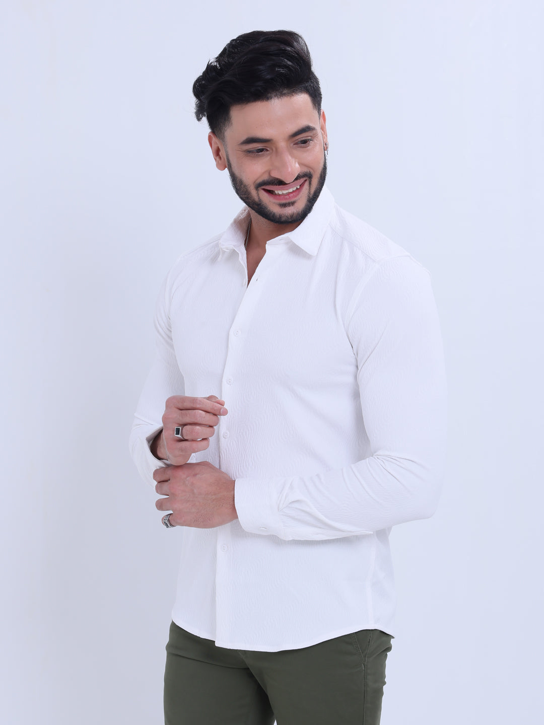 Nativebull Men's Slim Fit Solid Spread Collar Casual Shirt with Long Sleeves - White