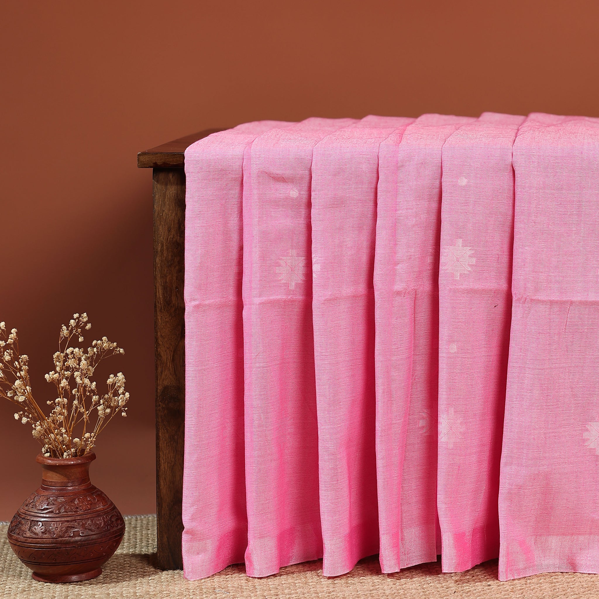 Handwoven Khadi Cotton Saree with Subtle Buti Motifs - Pink