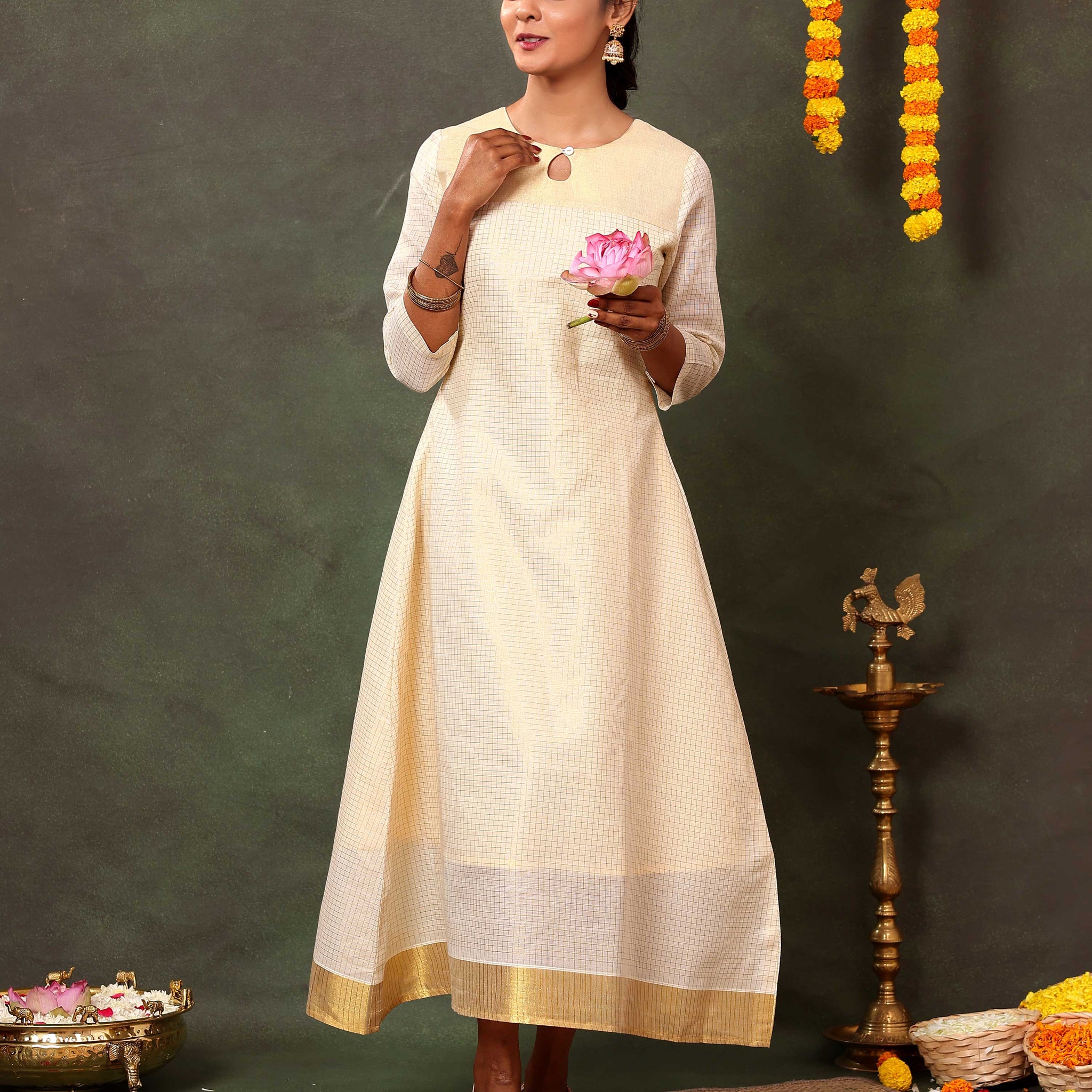 Women's Handloom Cotton Flared Kurta with Round Neck and Kasavu Border - Sandal