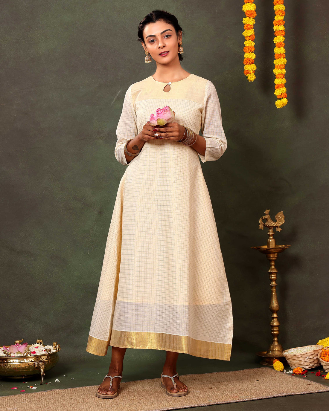 Women's Handloom Cotton Flared Kurta with Round Neck and Kasavu Border - Sandal