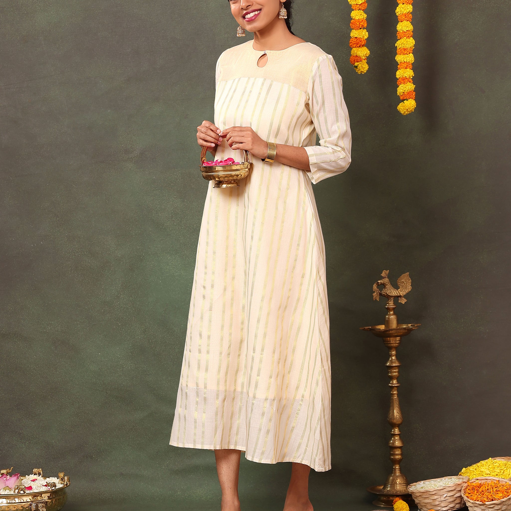 Graceful Handwoven Cotton Kurta with Keyhole Neckline and Subtle Woven Stripes - Sandal