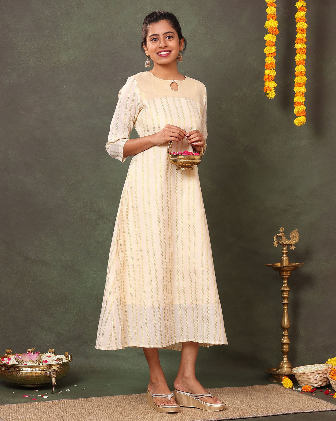 Graceful Handwoven Cotton Kurta with Keyhole Neckline and Subtle Woven Stripes - Sandal