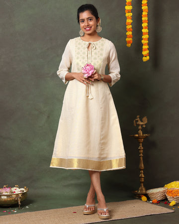 Elegant Handwoven Cotton Kurta with Embroidered Yoke and Contrast Zari Border - Sandal