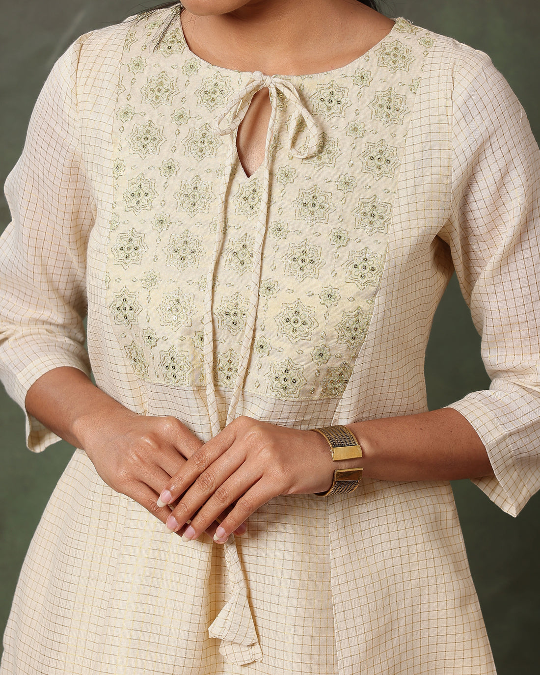 Elegant Handwoven Cotton Kurta with Embroidered Yoke and Contrast Zari Border - Sandal