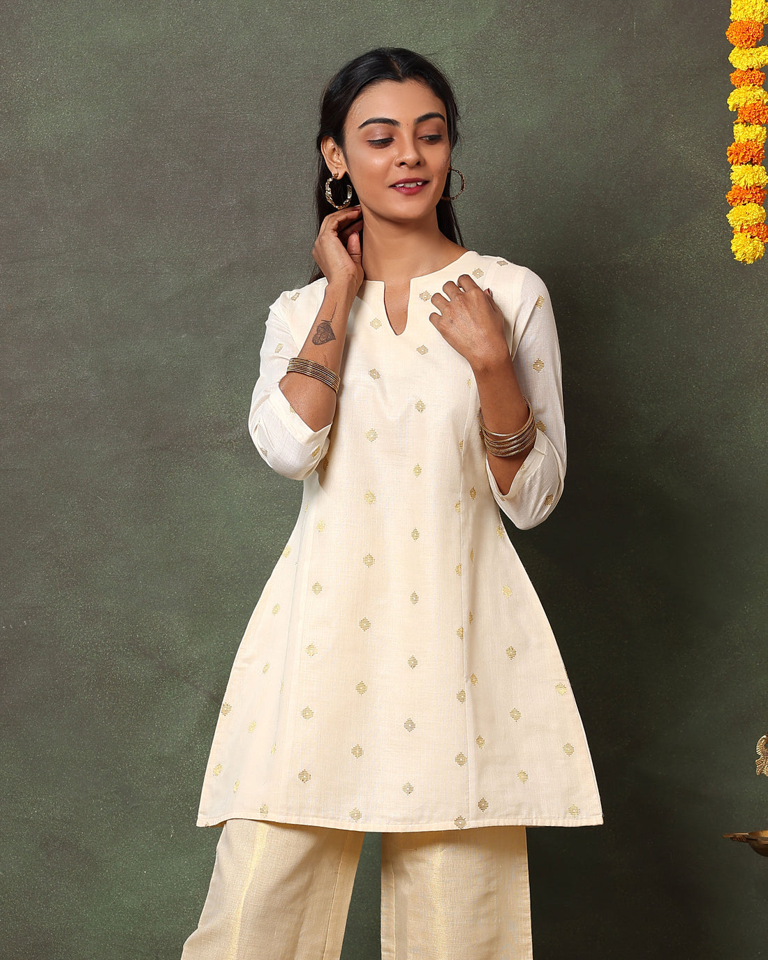 Women's Embroidered Short Kurta & Flared Palazzo Set - Sandal