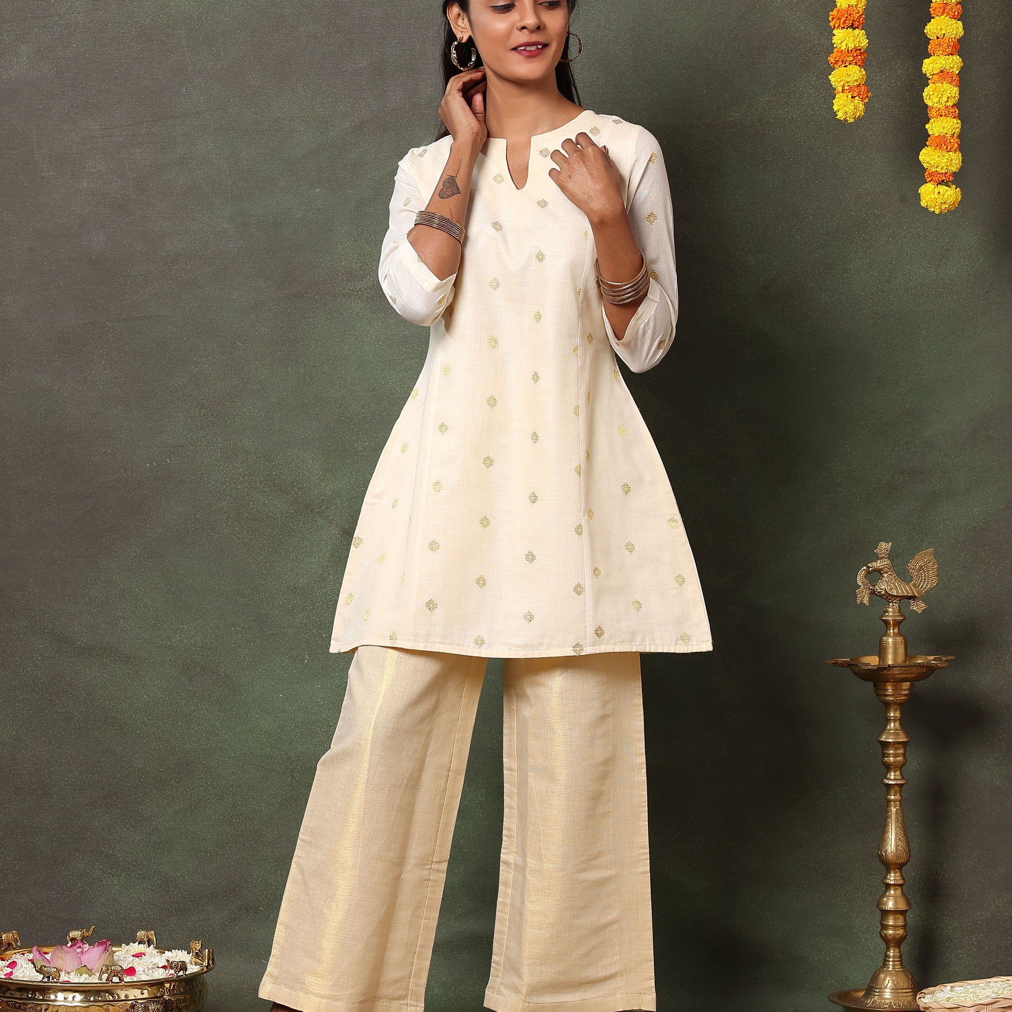 Women's Embroidered Short Kurta & Flared Palazzo Set - Sandal