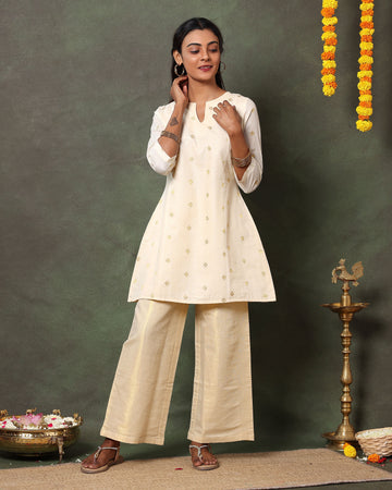 Women's Embroidered Short Kurta & Flared Palazzo Set - Sandal