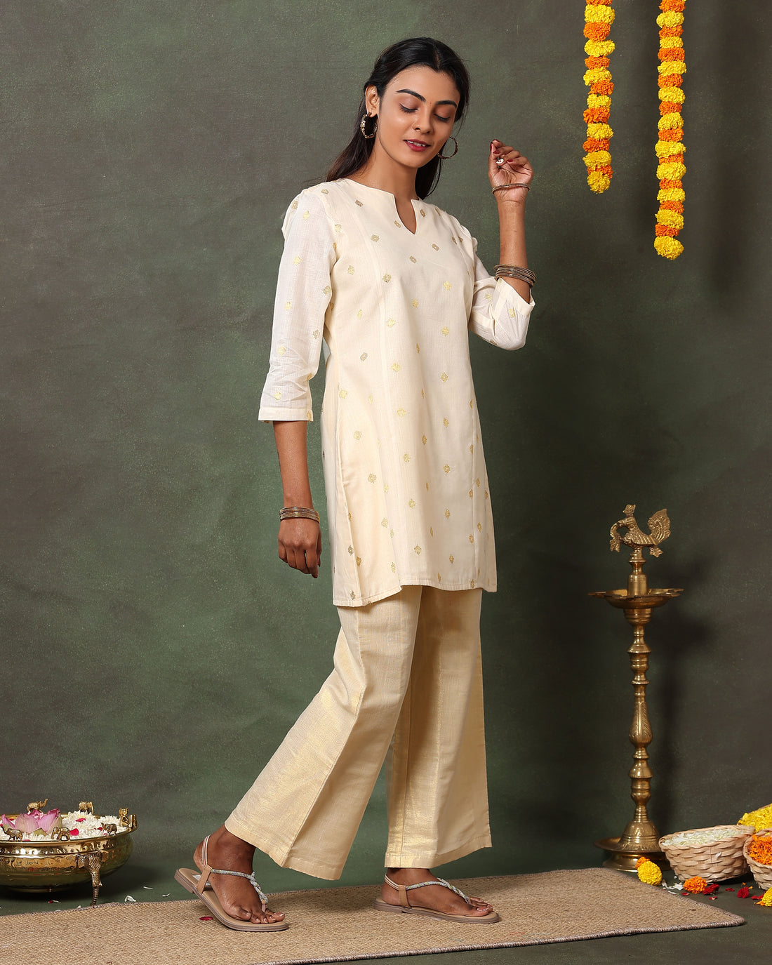 Women's Embroidered Short Kurta & Flared Palazzo Set - Sandal