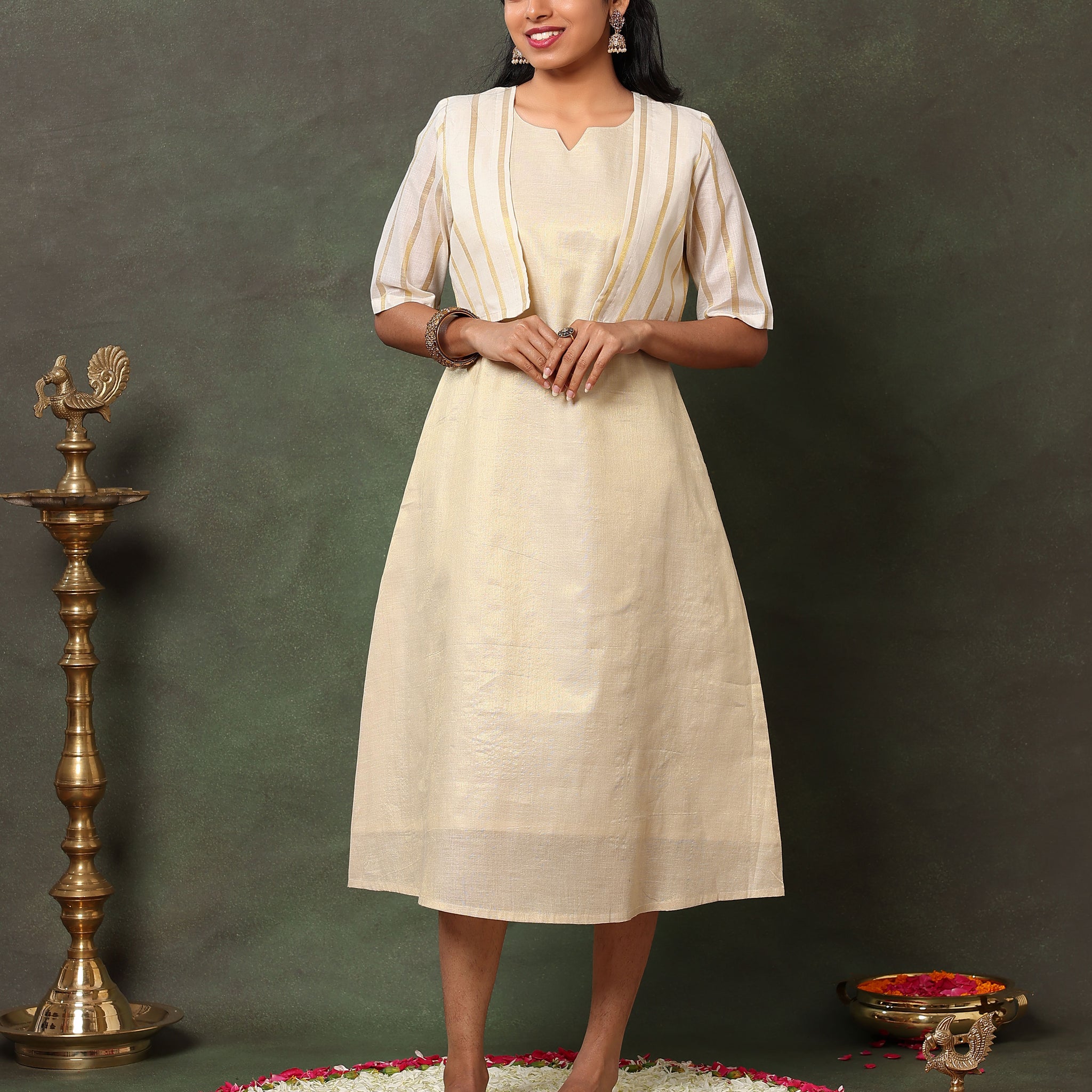 Elegant A-Line Dress with Striped Open Jacket With V-Neck Ethnic - Cream