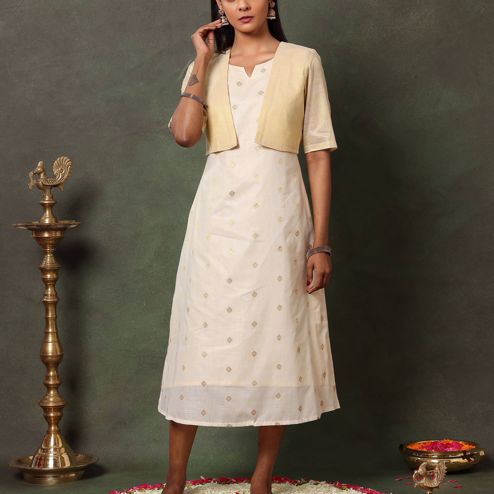 Women's Embroidered Linen Blend A-line Dress with Short Jacket - Sandal