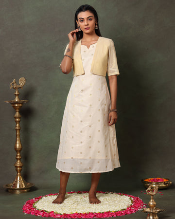 Women's Embroidered Linen Blend A-line Dress with Short Jacket - Sandal