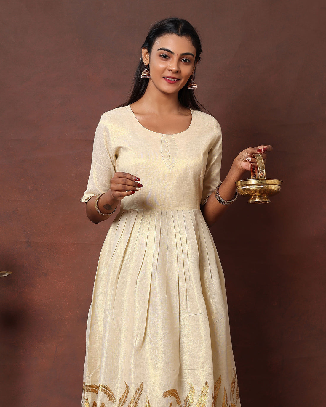 Women's Ethnic Pleated A-Line Kurta with Gold Feather Motif Border and Zari  - Sandal